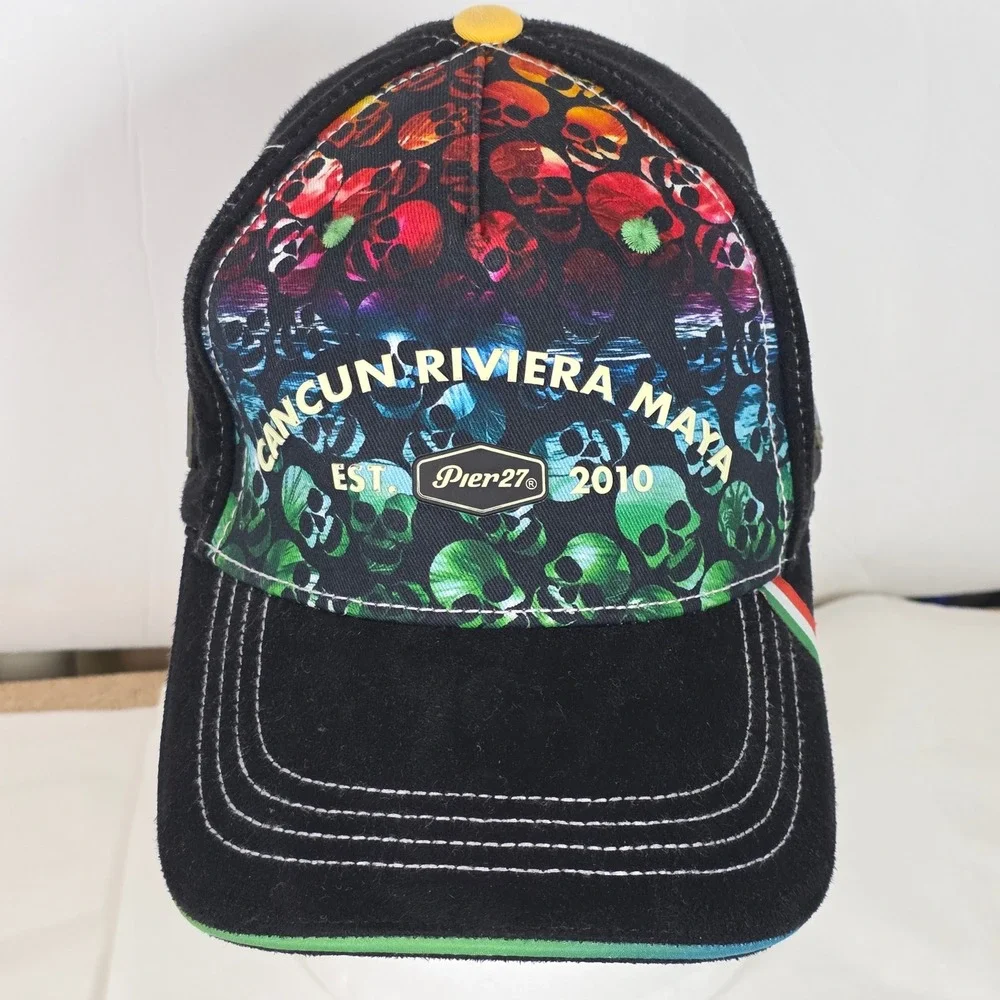 Pier 27 Cancun Riviera Maya Rainbow Skull Black Snapback Hat Mexico Men OSFM